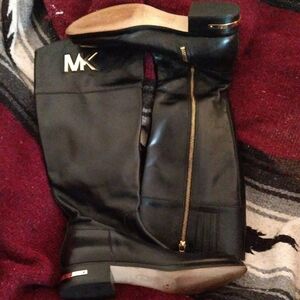 Black Michael Kors Leather Knee-High Boots with Gold Accents